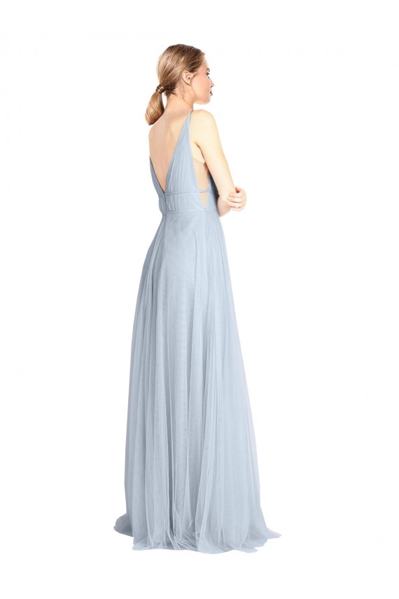 Site de Comprimento Chão Sem Mangas Tule Azul Céu Claro Linha A Vestidos de Madrinha