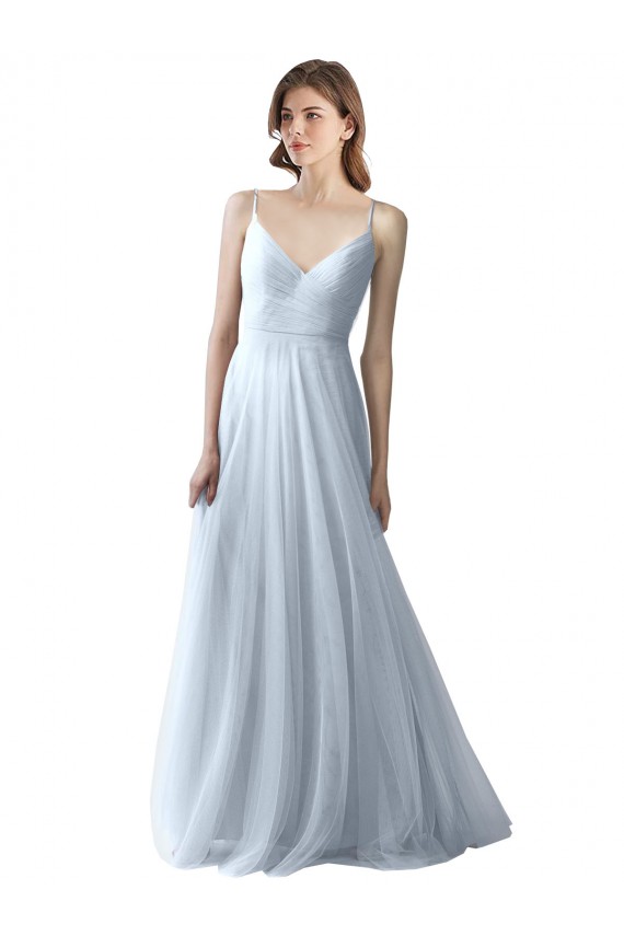 Site de Comprimento Chão Sem Mangas Tule Azul Céu Claro Linha A Vestidos de Festa / Vestidos de Madrinha