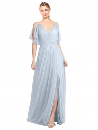 Site de Comprimento Chão Mangas Esvoaçantes Tule Azul Céu Claro Linha A Vestidos de Madrinha