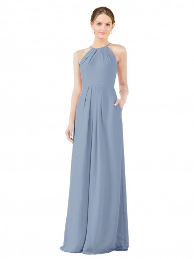 Site de Comprimento Chão Sem Mangas Chiffon Azul Empoeirado Bainha Sem Mangas Vestidos de Madrinha