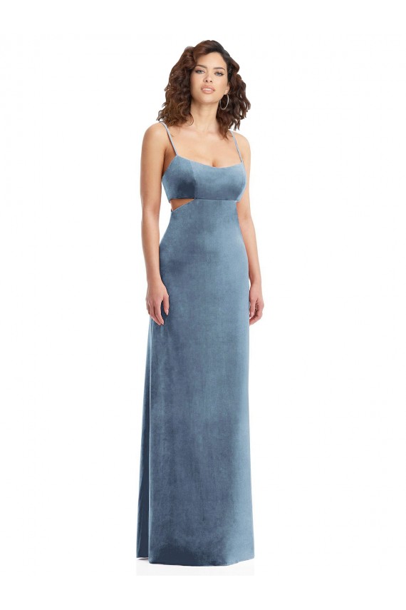 Site de Comprimento Chão Sem Mangas Veludo Elástico Azul Empoeirado Bainha Sem Mangas Vestidos de Madrinha / Vestidos de Noite / Vestidos de Festa