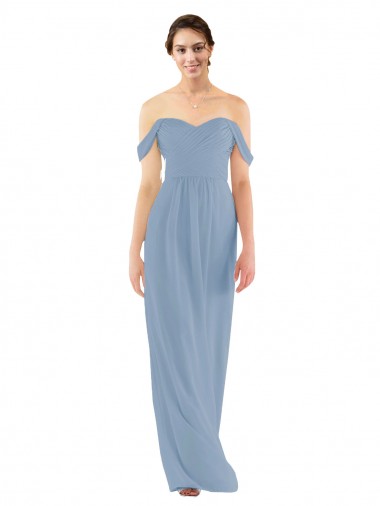 Site de Comprimento Chão Sem Mangas Chiffon Azul Empoeirado Bainha Vestido de Madrinha