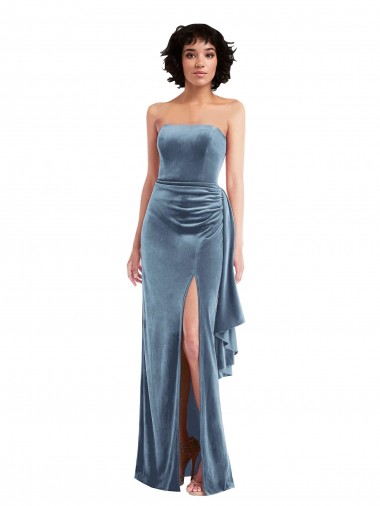 Site de Comprimento Chão Sem Mangas Veludo Elástico Azul Empoeirado Bainha Vestidos de Madrinha / Vestidos de Noite / Vestidos de Festa