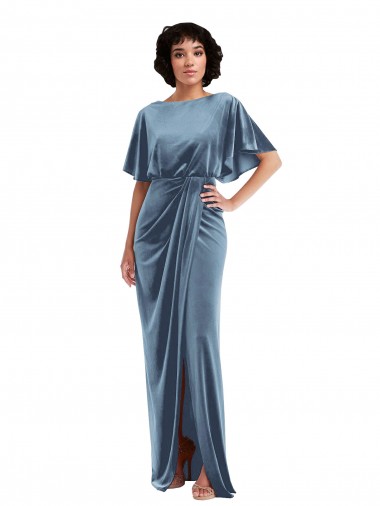 Site de Comprimento Chão Mangas Esvoaçantes Veludo Elástico Azul Empoeirado Bainha Vestidos de Madrinha / Vestidos de Festa