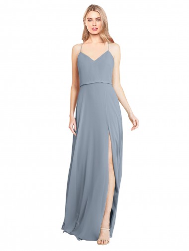 Site de Comprimento Chão Sem Mangas Chiffon Azul Empoeirado Linha A Vestidos de Festa