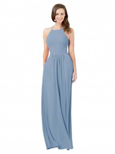 Site de Comprimento Chão Sem Mangas Chiffon Azul Empoeirado Linha A Sem Mangas Cabeçada Vestidos de Madrinha
