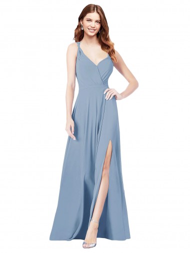Site de Comprimento Chão Sem Mangas Chiffon Azul Empoeirado Linha A Sem Mangas Longo Alças finas Vestidos de Madrinha