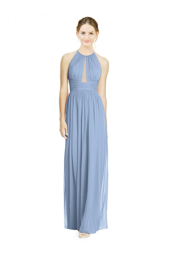 Site de Comprimento Chão Sem Mangas Chiffon Azul Empoeirado Linha A Sem Mangas Vestido de Madrinha / Vestido Formais