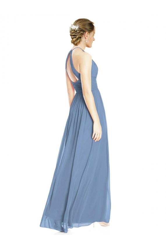 Site de Comprimento Chão Sem Mangas Chiffon Azul Empoeirado Linha A Sem Mangas Vestido de Madrinha / Vestido Formais