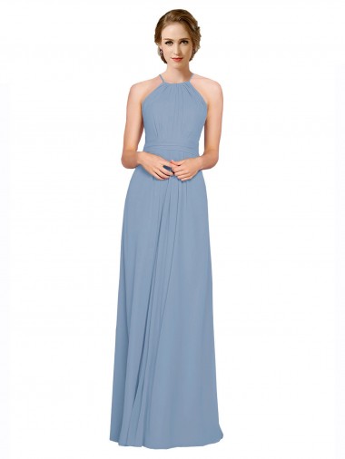 Site de Comprimento Chão Sem Mangas Chiffon Azul Empoeirado Linha A Vestidos de Madrinha