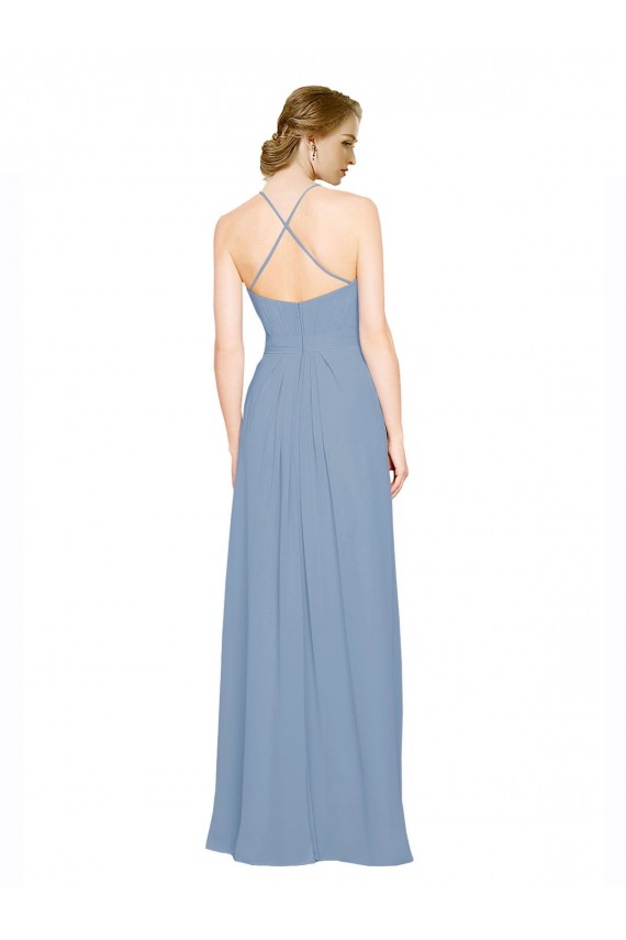 Site de Comprimento Chão Sem Mangas Chiffon Azul Empoeirado Linha A Vestidos de Madrinha