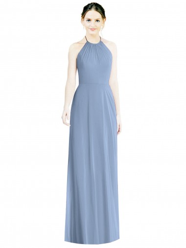 Site de Comprimento Chão Sem Mangas Chiffon Azul Empoeirado Linha A Sem Mangas Longo Cabeçada Vestidos de Madrinha