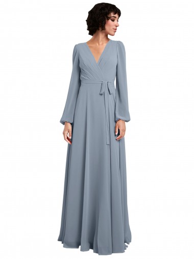Site de Comprimento Chão Mangas Compridas Chiffon Azul Empoeirado Linha A Vestidos de Madrinha