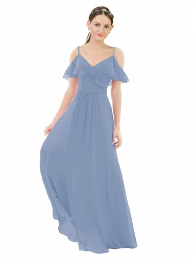 Site de Comprimento Chão Mangas Curtas Chiffon Azul Empoeirado Linha A Vestido de Madrinha