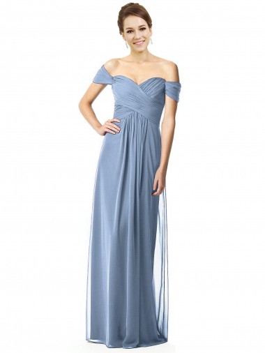 Site de Comprimento Chão Mangas Curtas Chiffon Azul Empoeirado Linha A Vestidos de Madrinha