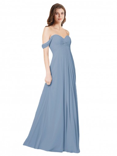 Site de Comprimento Chão Sem Mangas Chiffon Azul Empoeirado Linha A Sem Mangas Amor Vestidos de Festa