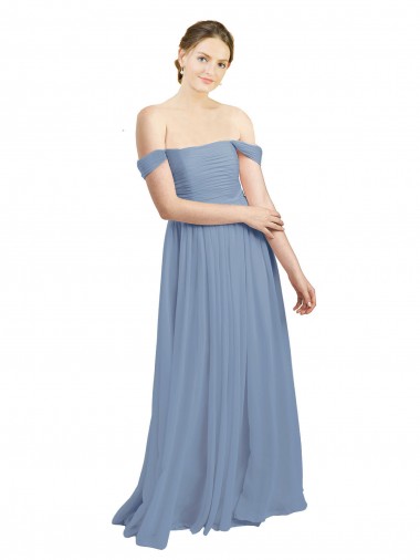 Site de Comprimento Chão Sem Mangas Chiffon Azul Empoeirado Linha A Sem Mangas Amor Vestidos de Madrinha