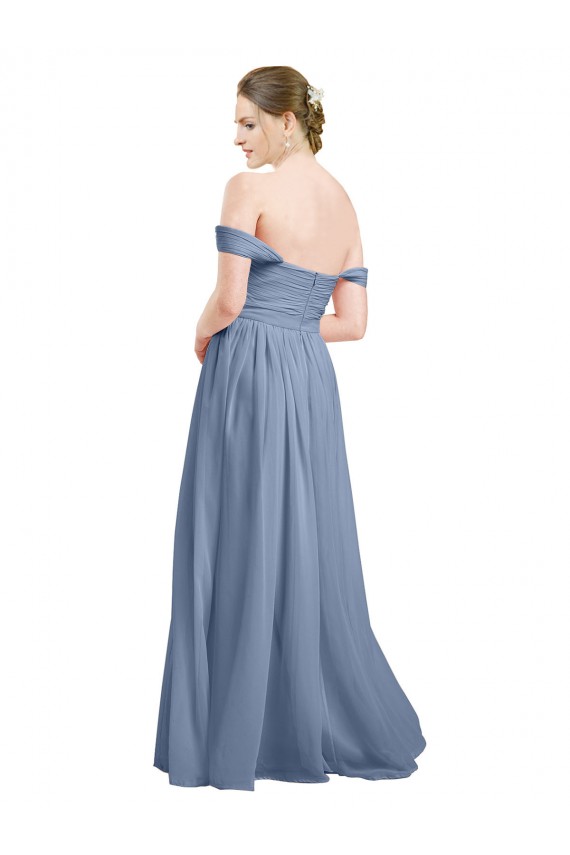 Site de Comprimento Chão Sem Mangas Chiffon Azul Empoeirado Linha A Sem Mangas Amor Vestidos de Madrinha