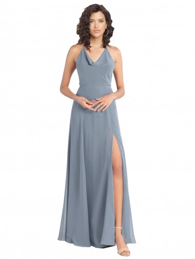 Site de Comprimento Chão Sem Mangas Chiffon Azul Empoeirado Linha A Sem Mangas Decote Capuz Longo Costas em V Vestidos de Madrinha