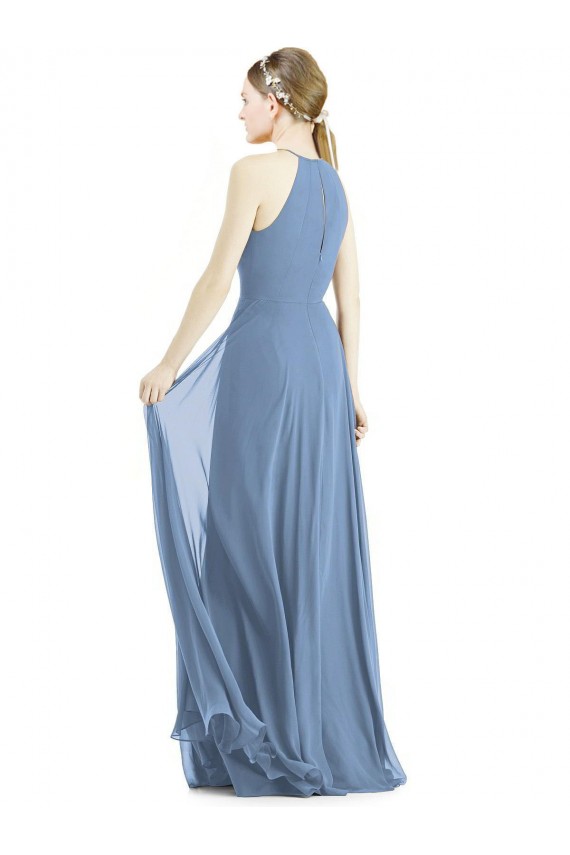 Site de Comprimento Chão Sem Mangas Chiffon Azul Empoeirado Linha A Sem Mangas Vestido de Madrinha / Vestido de Noite