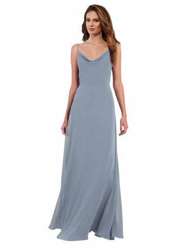 Site de Comprimento Chão Sem Mangas Chiffon Azul Empoeirado Linha A Sem Mangas Decote Capuz Vestidos de Madrinha