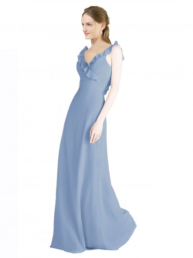 Site de Comprimento Chão Sem Mangas Chiffon Azul Empoeirado Linha A Sem Mangas Decote V Longo Abrir de volta Vestidos de Madrinha