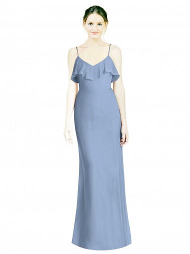 Site de Comprimento Chão Sem Mangas Chiffon Azul Empoeirado Linha A Sem Mangas Decote V Longo Vestidos de Madrinha