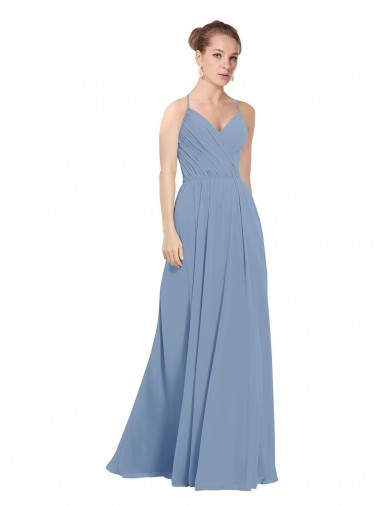 Site de Comprimento Chão Sem Mangas Chiffon Azul Empoeirado Linha A Sem Mangas Decote V Vestidos de Madrinha