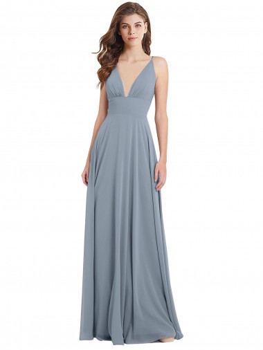 Site de Comprimento Chão Sem Mangas Chiffon Azul Empoeirado Linha A Sem Mangas Vestido de Festa / Vestido de Madrinha