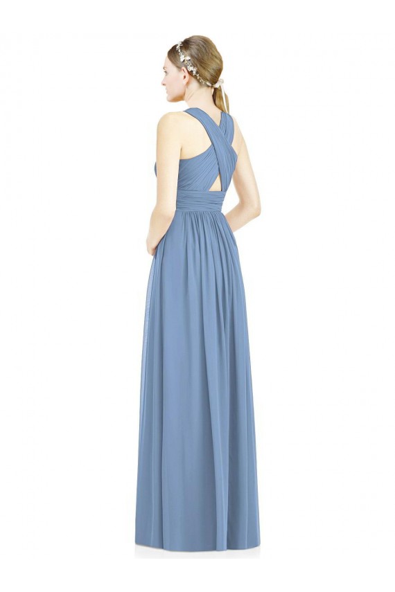 Site de Comprimento Chão Sem Mangas Chiffon Azul Empoeirado Linha A Vestidos Formais / Vestidos de Madrinha