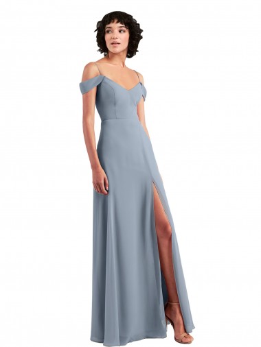 Site de Comprimento Chão Sem Mangas Chiffon Azul Empoeirado Linha A Sem Mangas Vestido de Noite / Vestidos de Madrinha