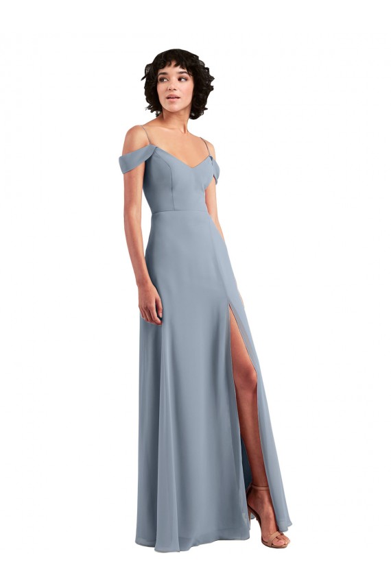Site de Comprimento Chão Sem Mangas Chiffon Azul Empoeirado Linha A Sem Mangas Vestido de Noite / Vestidos de Madrinha