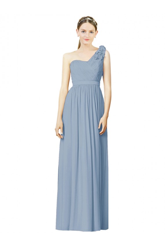 Site de Comprimento Chão Sem Mangas Chiffon Azul Empoeirado Linha A Vestido de Festa / Vestido de Madrinha