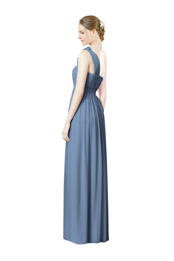 Site de Comprimento Chão Sem Mangas Chiffon Azul Empoeirado Linha A Vestido de Festa / Vestido de Madrinha