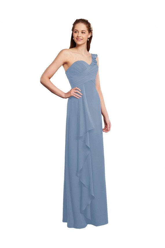 Site de Comprimento Chão Sem Mangas Chiffon Azul Empoeirado Linha A Vestido de Madrinha / Vestido Formais