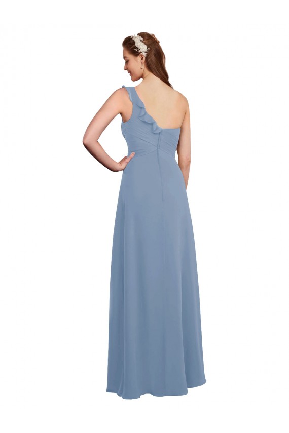 Site de Comprimento Chão Sem Mangas Chiffon Azul Empoeirado Linha A Vestido de Madrinha / Vestido Formais