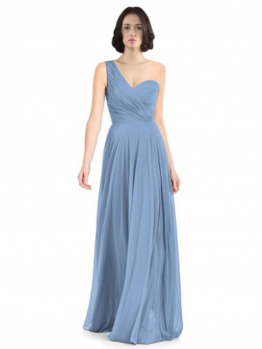 Site de Comprimento Chão Sem Mangas Chiffon Azul Empoeirado Linha A Sem Mangas Um Ombro Vestidos de Festa / Vestidos de Madrinha