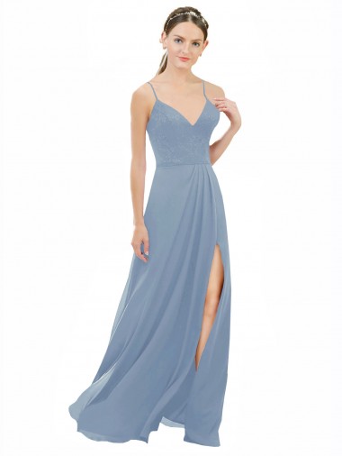Site de Comprimento Chão Sem Mangas Chiffon & Renda Azul Empoeirado Linha A Vestidos de Madrinha