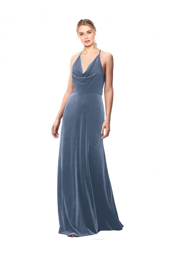 Site de Comprimento Chão Sem Mangas Veludo Elástico Azul Empoeirado Linha A Vestidos de Madrinha / Vestidos de Festa