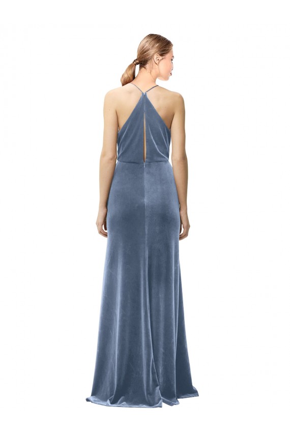 Site de Comprimento Chão Sem Mangas Veludo Elástico Azul Empoeirado Linha A Vestidos de Madrinha / Vestidos de Festa