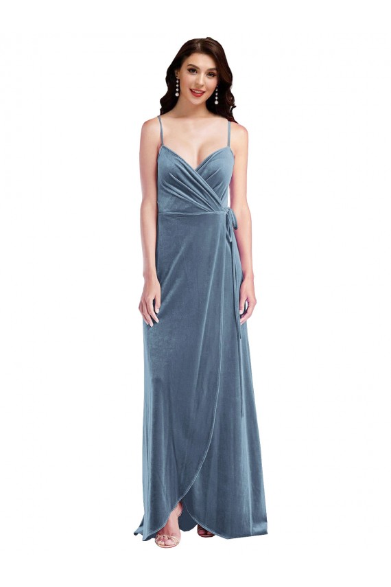 Site de Comprimento Chão Sem Mangas Veludo Elástico Azul Empoeirado Linha A Sem Mangas Amor Vestidos de Madrinha / Vestidos de Festa