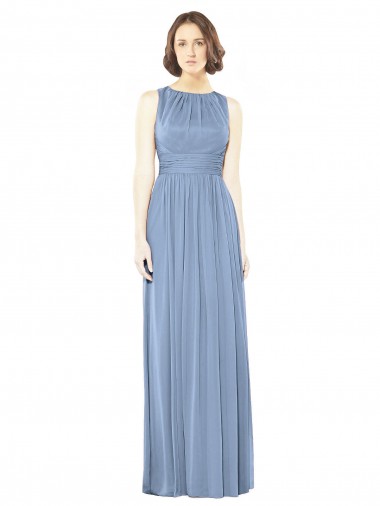 Site de Comprimento Chão Sem Mangas Chiffon Azul Empoeirado Linha A Sem Mangas Barco Vestidos de Madrinha