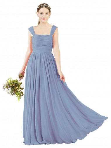 Site de Comprimento Chão Sem Mangas Chiffon Azul Empoeirado Linha A Sem Mangas Decote Quadrado Vestidos de Madrinha