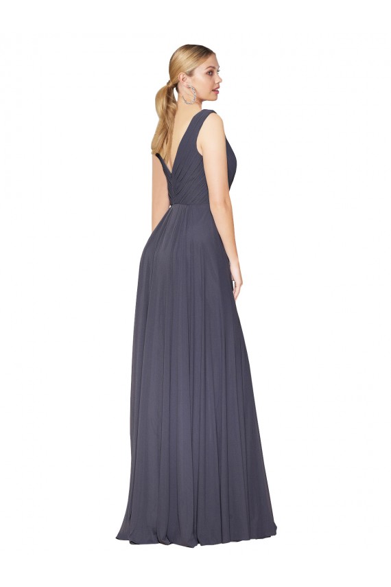 Site de Comprimento Chão Sem Mangas Chiffon Azul Empoeirado Linha A Vestido de Madrinha / Vestido de Noite / Vestido de Festa