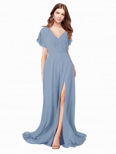 Site de Comprimento Chão Mangas Curtas Chiffon Azul Empoeirado Linha A Vestidos de Madrinha / Vestidos de Festa