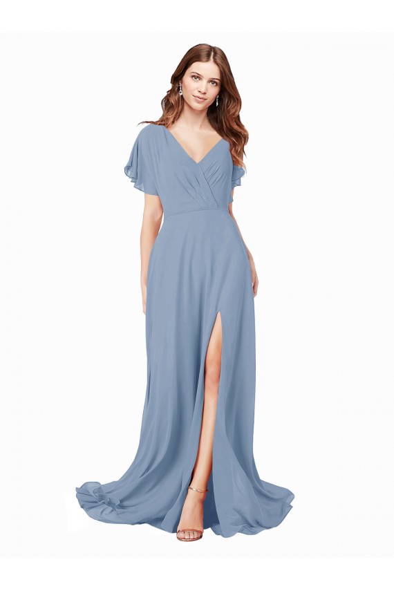 Site de Comprimento Chão Mangas Curtas Chiffon Azul Empoeirado Linha A Vestidos de Madrinha / Vestidos de Festa