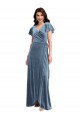 Site de Comprimento Chão Mangas Esvoaçantes Veludo Elástico Azul Empoeirado Linha A Vestidos de Madrinha / Vestidos de Festa