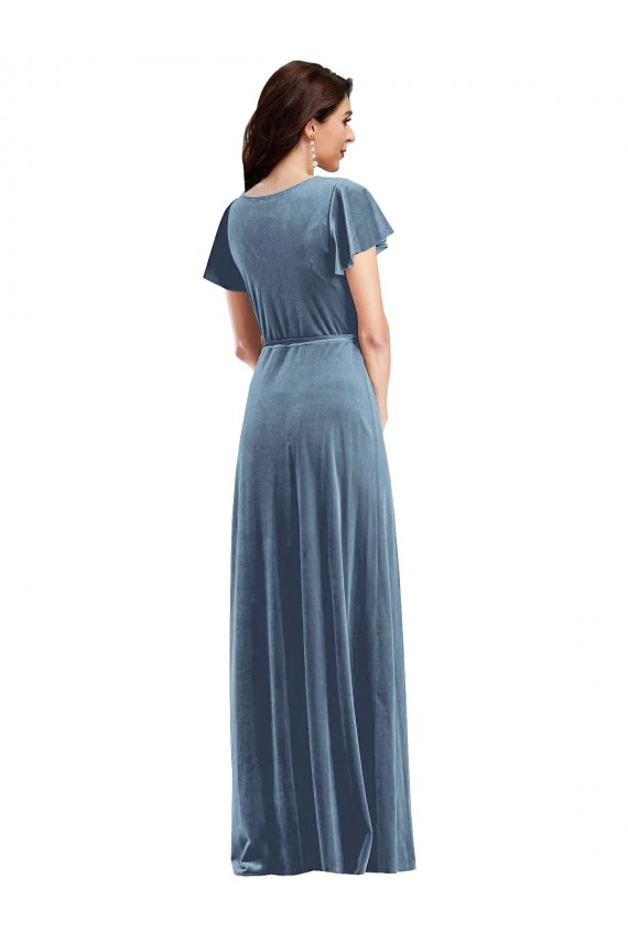 Site de Comprimento Chão Mangas Esvoaçantes Veludo Elástico Azul Empoeirado Linha A Vestidos de Madrinha / Vestidos de Festa