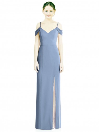 Site de Comprimento Chão Ombro Frio Chiffon Azul Empoeirado Linha A Vestidos de Madrinha / Vestidos de Noite