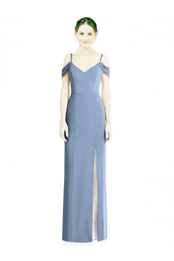 Site de Comprimento Chão Ombro Frio Chiffon Azul Empoeirado Linha A Vestidos de Madrinha / Vestidos de Noite